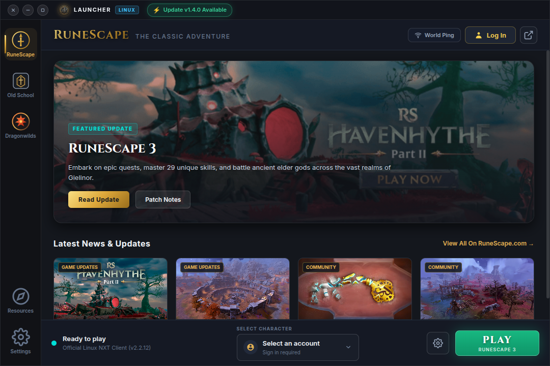 Linux Jagex Launcher running RuneScape 3